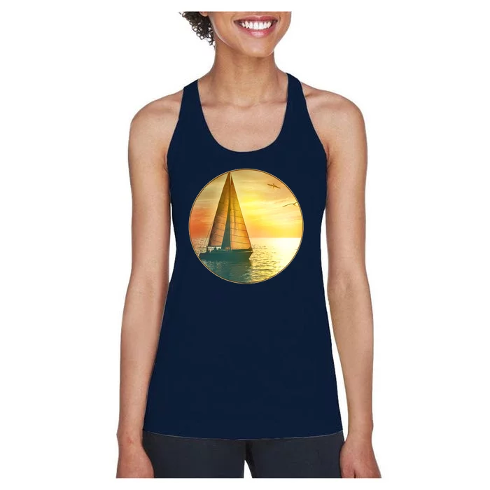 Vintage Ocean Sunset Sailboat Scene Women's Racerback Tank