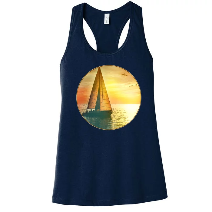 Vintage Ocean Sunset Sailboat Scene Women's Racerback Tank