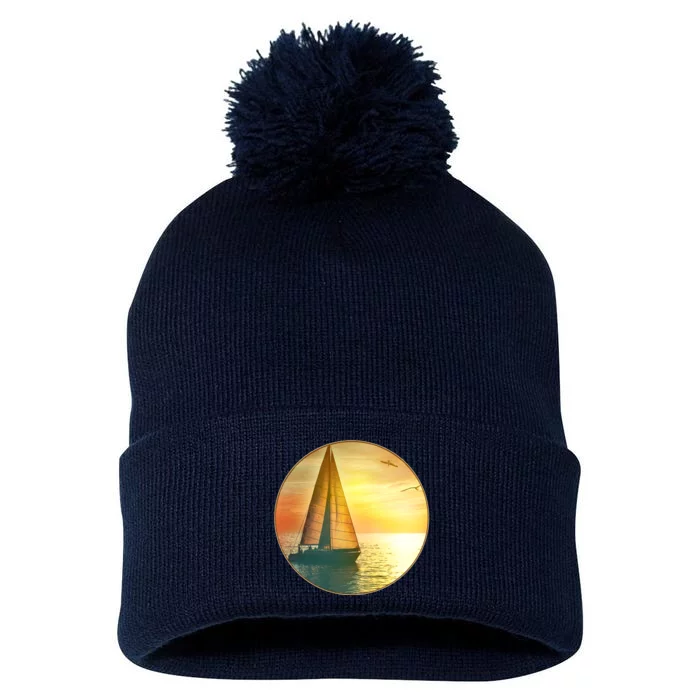 Vintage Ocean Sunset Sailboat Scene Pom Pom 12in Knit Beanie