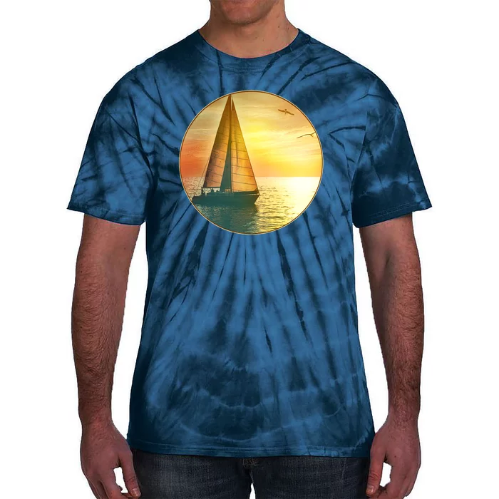 Vintage Ocean Sunset Sailboat Scene Tie-Dye T-Shirt