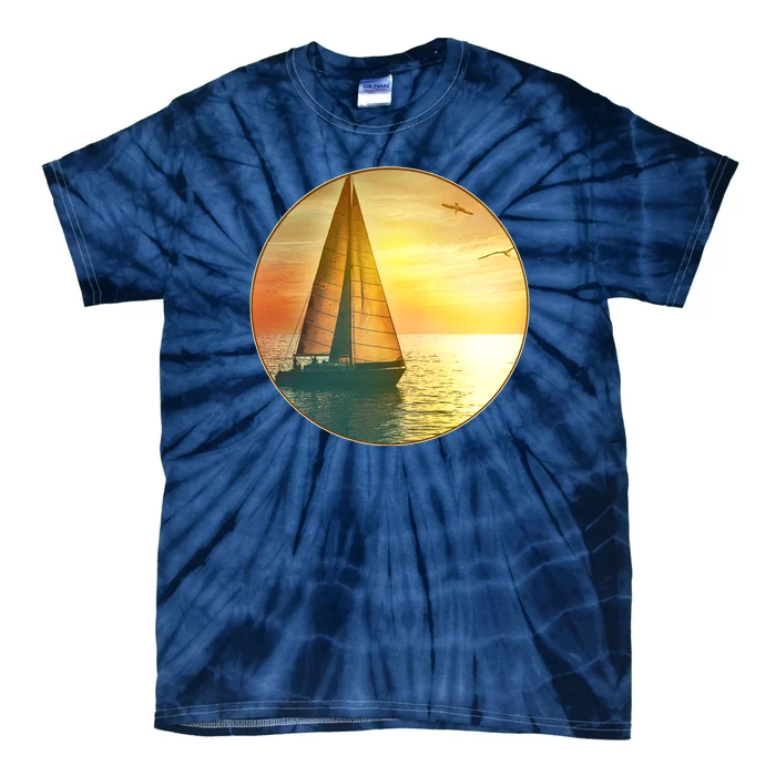 Vintage Ocean Sunset Sailboat Scene Tie-Dye T-Shirt