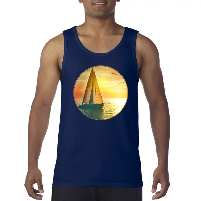 Vintage Ocean Sunset Sailboat Scene Tank Top