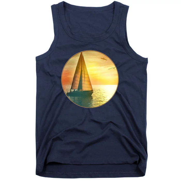 Vintage Ocean Sunset Sailboat Scene Tank Top