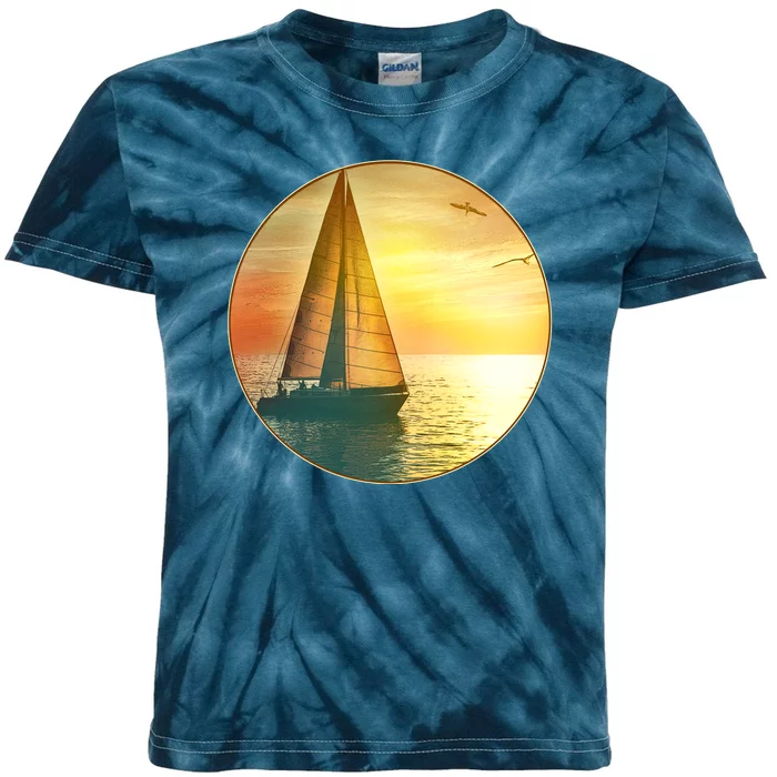 Vintage Ocean Sunset Sailboat Scene Kids Tie-Dye T-Shirt