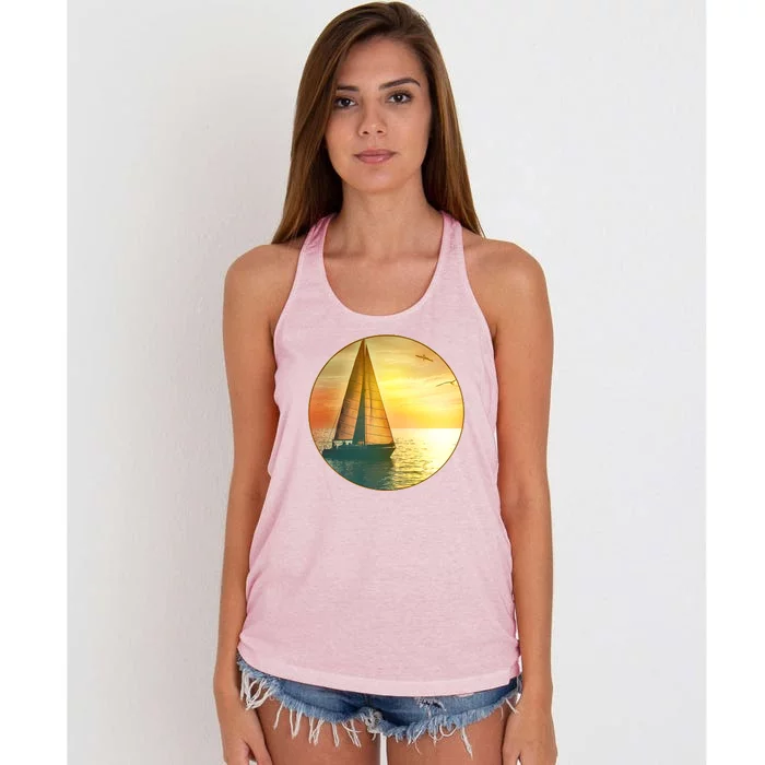 Vintage Ocean Sunset Sailboat Scene Women's Knotted Racerback Tank