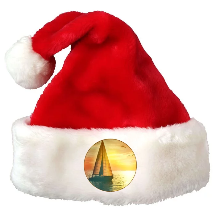 Vintage Ocean Sunset Sailboat Scene Premium Christmas Santa Hat