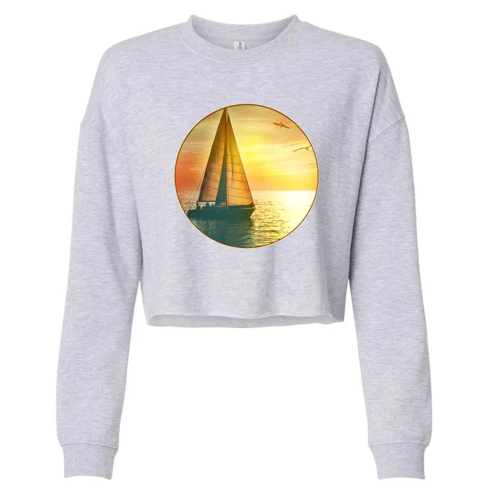 Vintage Ocean Sunset Sailboat Scene Cropped Pullover Crew