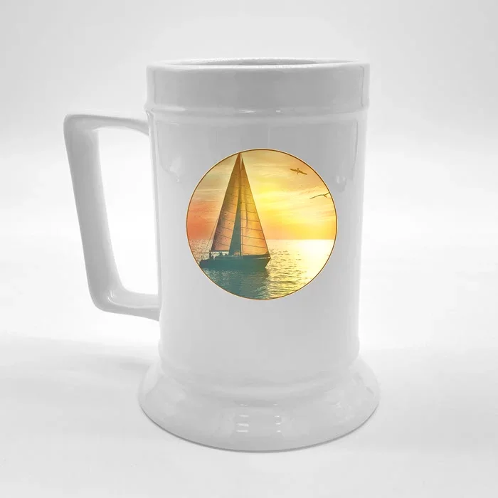 Vintage Ocean Sunset Sailboat Scene Front & Back Beer Stein