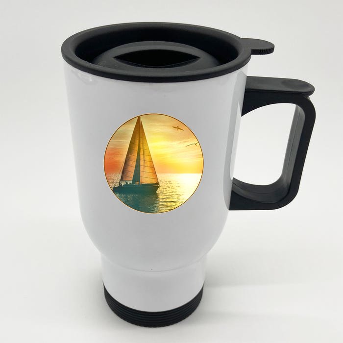 Vintage Ocean Sunset Sailboat Scene Front & Back Stainless Steel Travel Mug