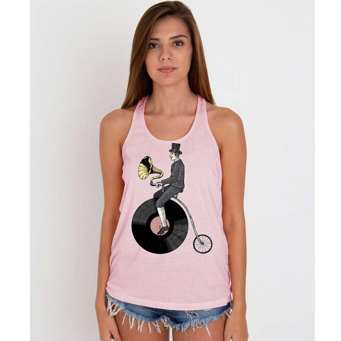 Vintage Penny Farthing Gramophone Women's Knotted Racerback Tank