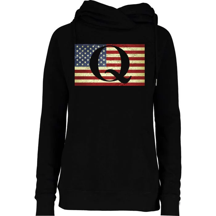 Vintage Q-Anon USA Flag Womens Funnel Neck Pullover Hood