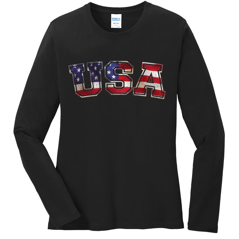 Vintage Red White And Blue USA Logo Ladies Missy Fit Long Sleeve Shirt