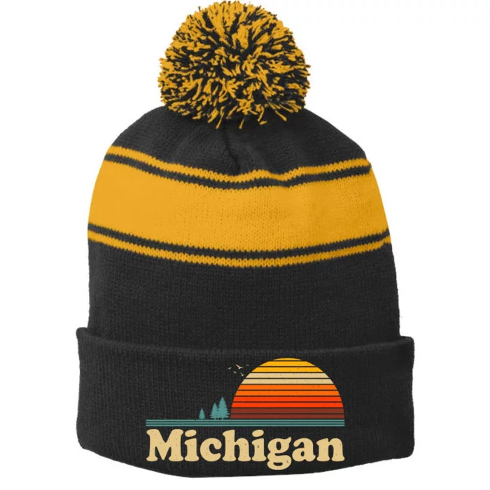 Vintage Retro Michigan Sunset Logo Stripe Pom Pom Beanie