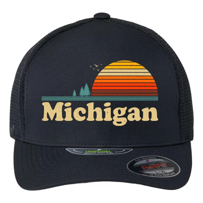 Vintage Retro Michigan Sunset Logo Flexfit Unipanel Trucker Cap