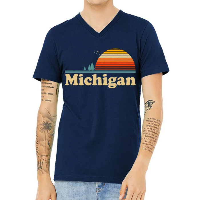 Vintage Retro Michigan Sunset Logo V-Neck T-Shirt