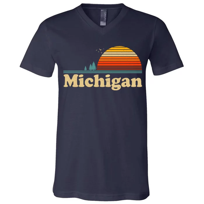 Vintage Retro Michigan Sunset Logo V-Neck T-Shirt