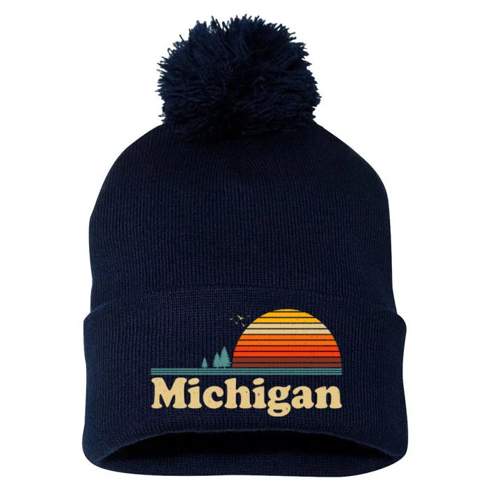 Vintage Retro Michigan Sunset Logo Pom Pom 12in Knit Beanie