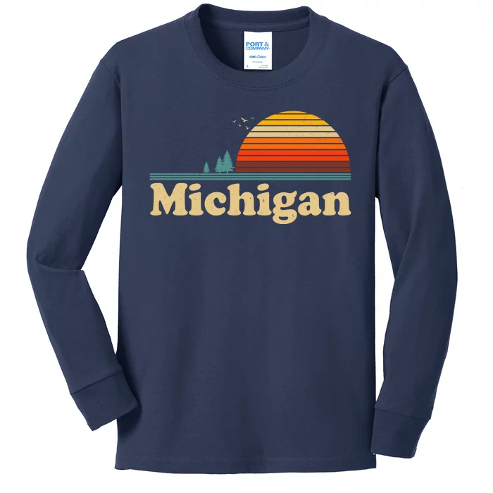 Vintage Retro Michigan Sunset Logo Kids Long Sleeve Shirt