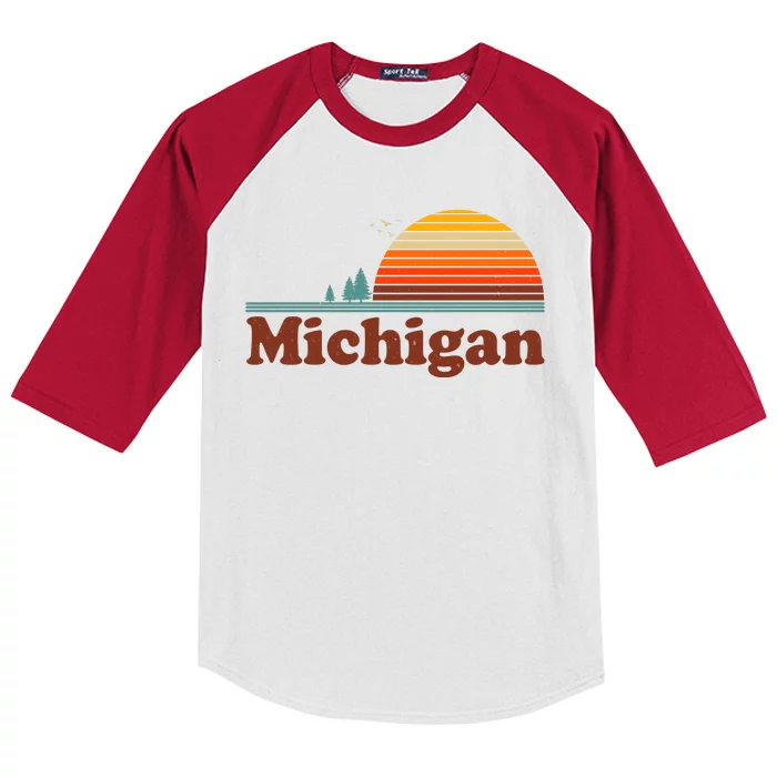 Vintage Retro Michigan Sunset Logo Kids Colorblock Raglan Jersey