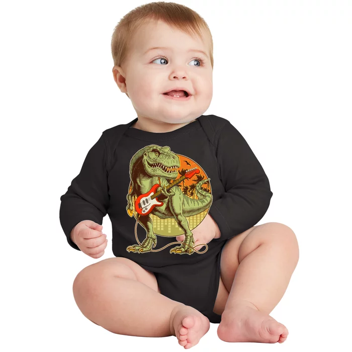 Vintage Rocking Guitar T-Rex Dinosaur Baby Long Sleeve Bodysuit