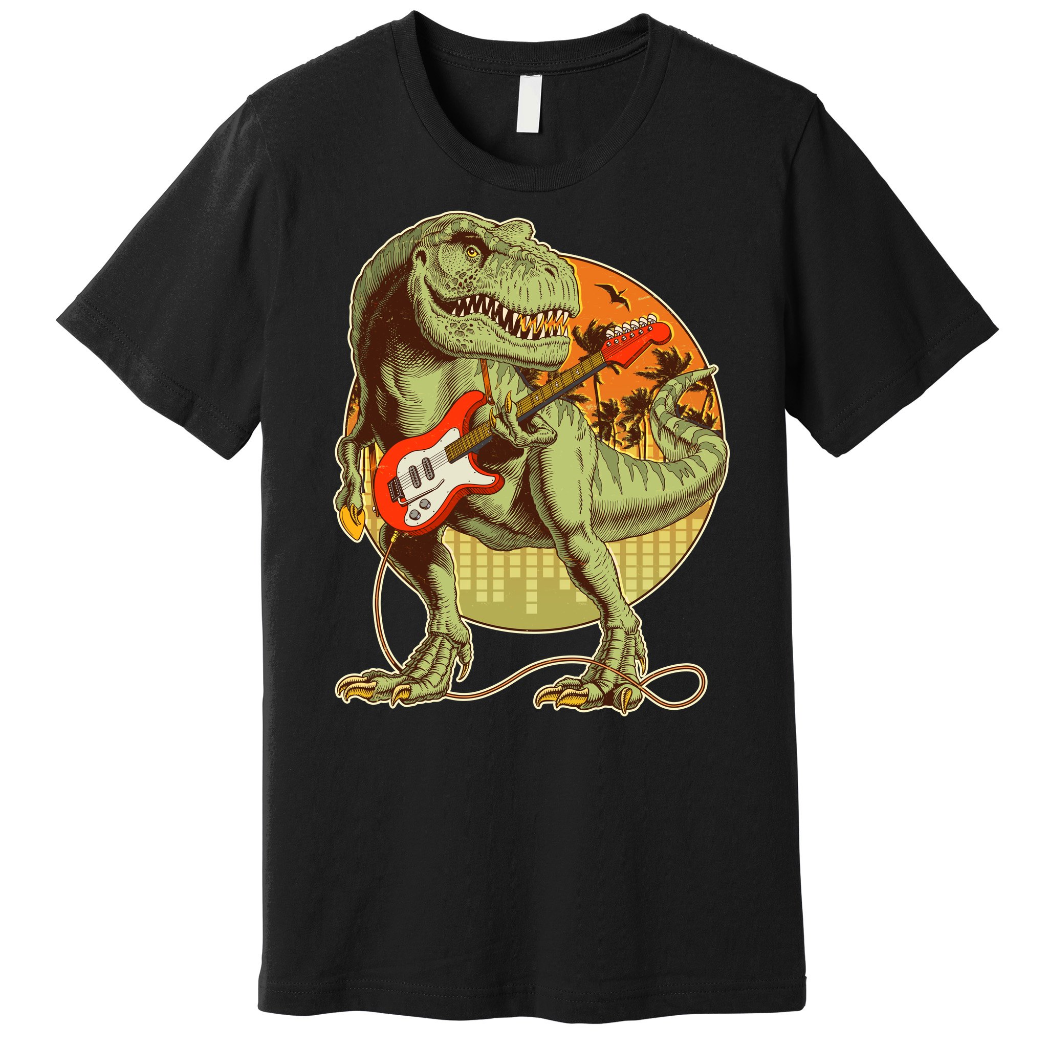 Raptor T-Rex jouant de la guitare Tiger-stripe T-Shirt 