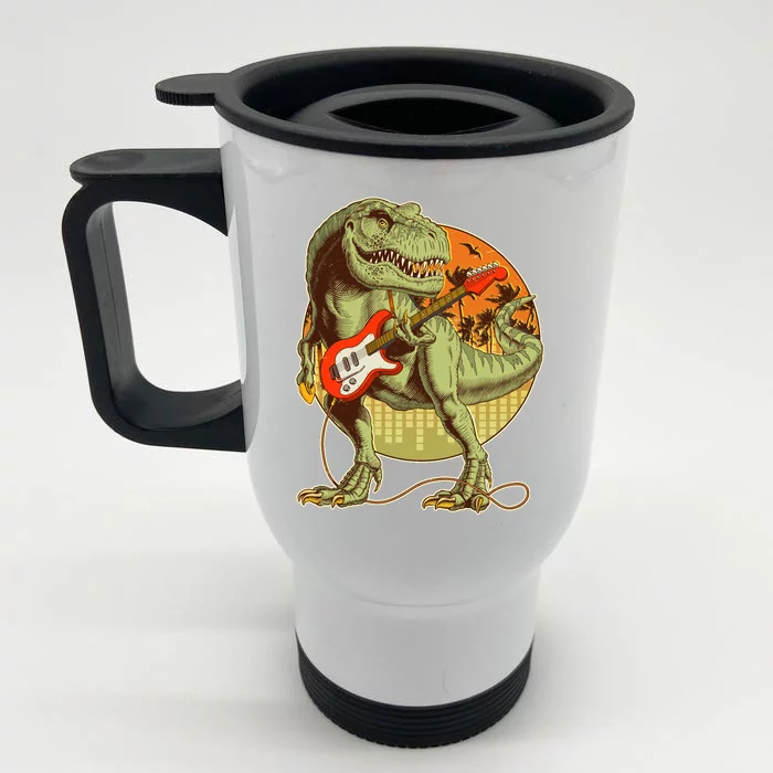 Vintage Rocking Guitar T-Rex Dinosaur Front & Back Stainless Steel Travel Mug