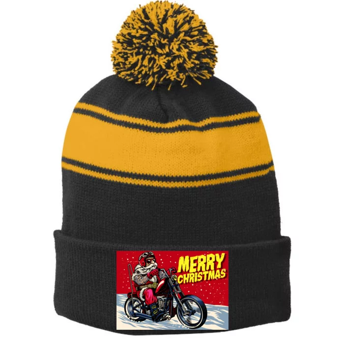 Vintage Santa Biker Riding Chopper Stripe Pom Pom Beanie