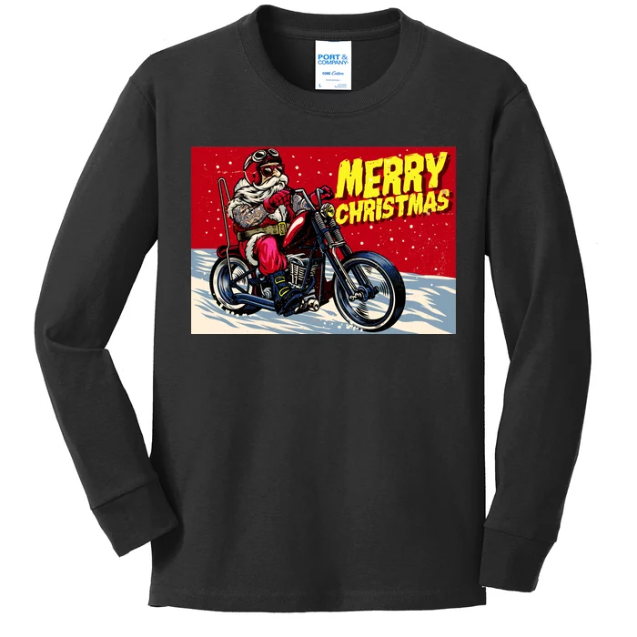 Vintage Santa Biker Riding Chopper Kids Long Sleeve Shirt