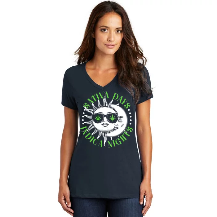 Vintage Sativa Days Indica Nights Sun And Moon Women's V-Neck T-Shirt