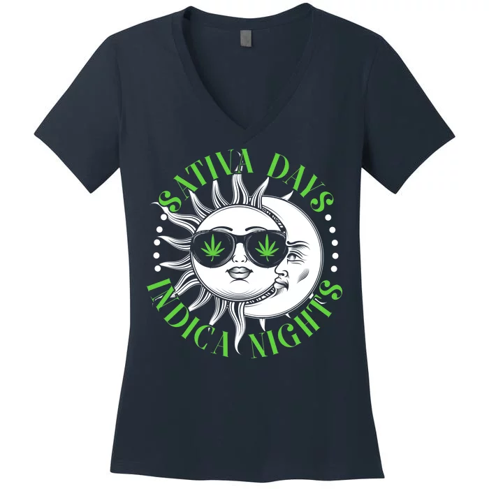 Vintage Sativa Days Indica Nights Sun And Moon Women's V-Neck T-Shirt