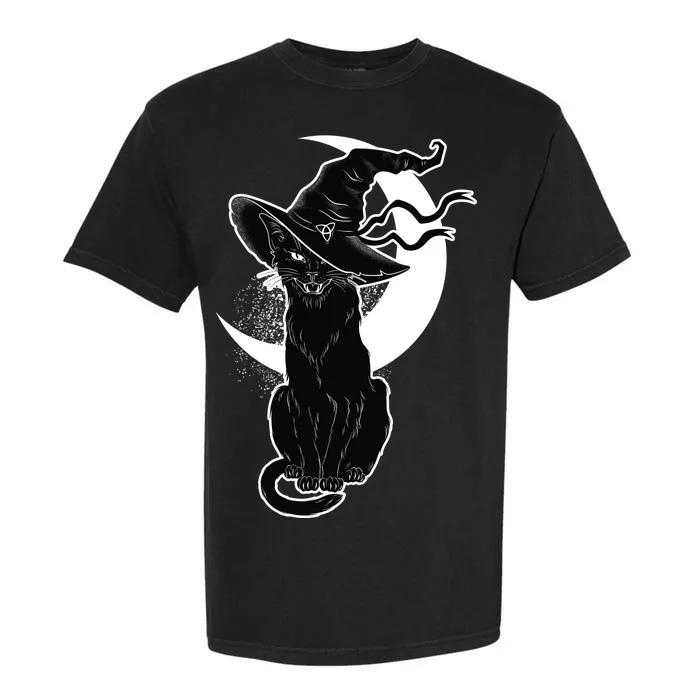 Vintage Scary Halloween Black Cat Moon Witch Garment-Dyed Heavyweight T-Shirt