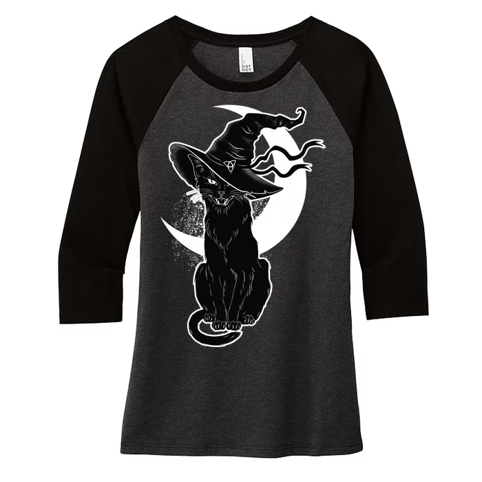 Vintage Scary Halloween Black Cat Moon Witch Women's Tri-Blend 3/4-Sleeve Raglan Shirt