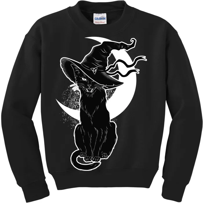 Vintage Scary Halloween Black Cat Moon Witch Kids Sweatshirt