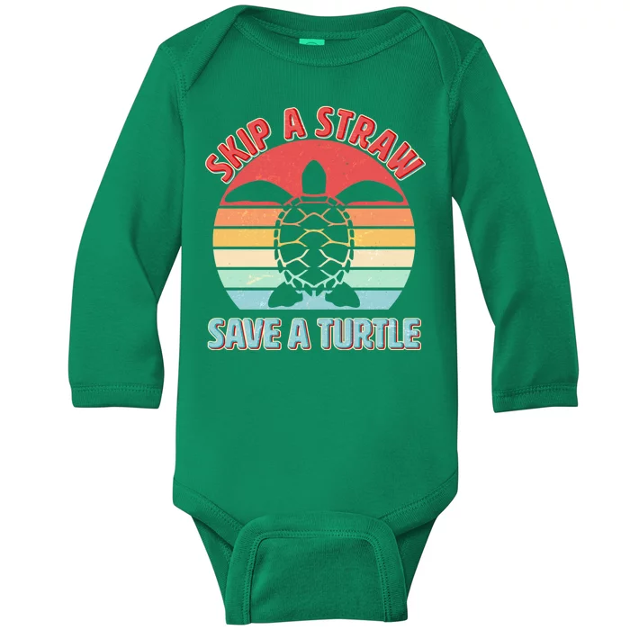 Vintage Skip A Straw Save A Turtle Baby Long Sleeve Bodysuit