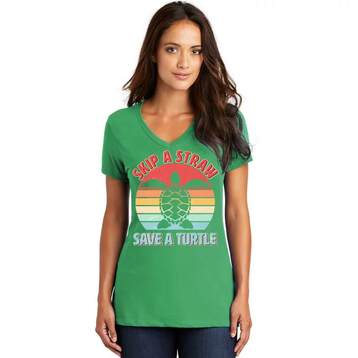 Vintage Skip A Straw Save A Turtle Women's V-Neck T-Shirt