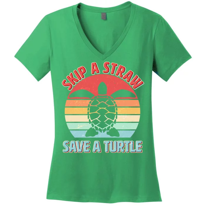 Vintage Skip A Straw Save A Turtle Women's V-Neck T-Shirt