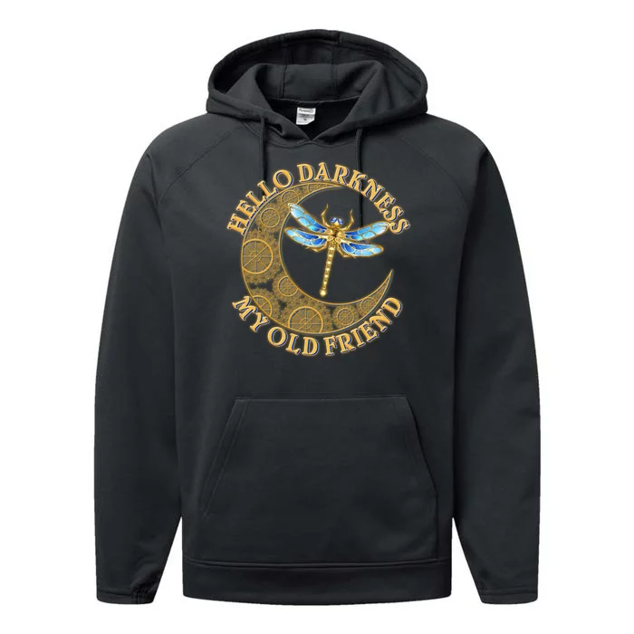 Vintage Steampunk Dragonfly Moon Hello Darkness My Old Friend Performance Fleece Hoodie