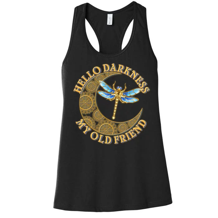 Vintage Steampunk Dragonfly Moon Hello Darkness My Old Friend Women's Racerback Tank