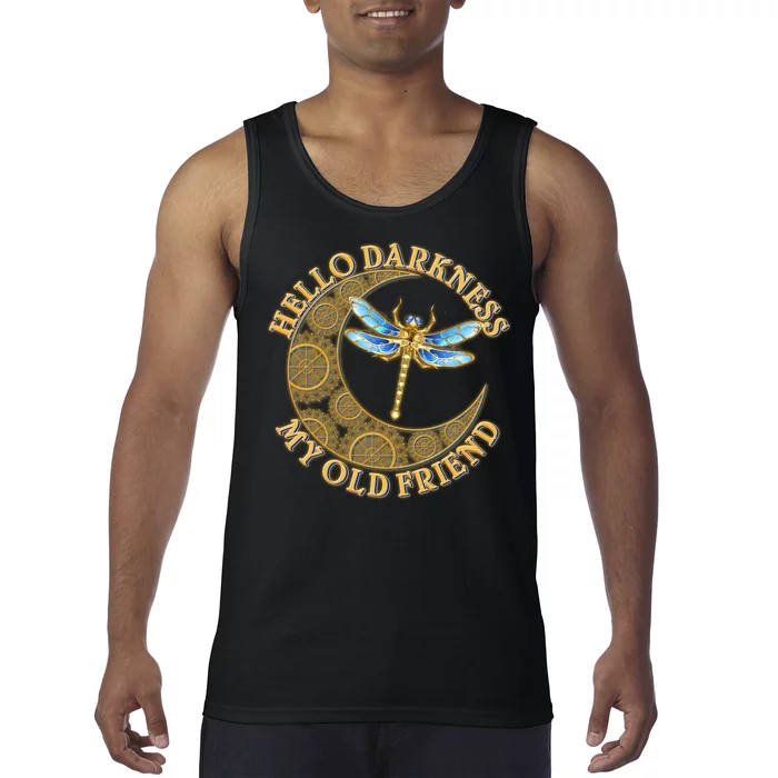 Vintage Steampunk Dragonfly Moon Hello Darkness My Old Friend Tank Top