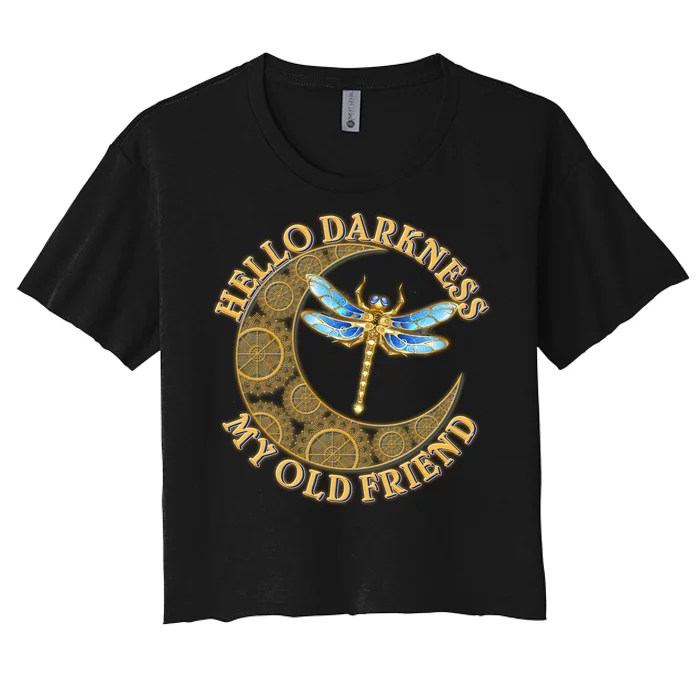 Vintage Steampunk Dragonfly Moon Hello Darkness My Old Friend Women's Crop Top Tee