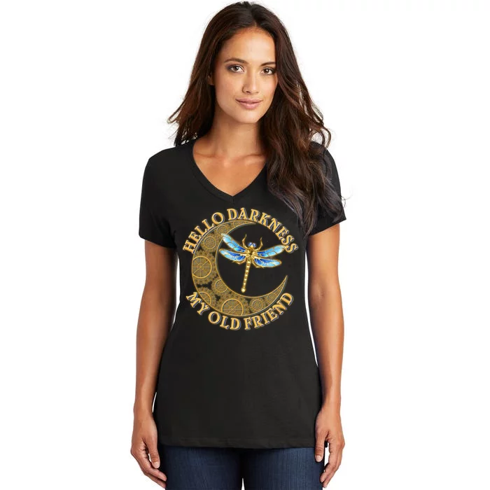 Vintage Steampunk Dragonfly Moon Hello Darkness My Old Friend Women's V-Neck T-Shirt