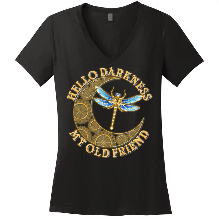 Vintage Steampunk Dragonfly Moon Hello Darkness My Old Friend Women's V-Neck T-Shirt