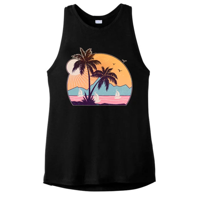 Vintage Summer Beach Emblem Ladies Tri-Blend Wicking Tank