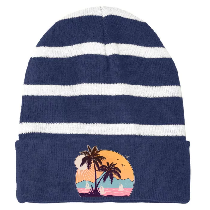 Vintage Summer Beach Emblem Striped Beanie with Solid Band