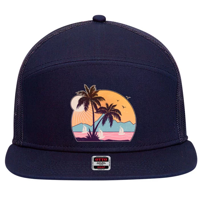 Vintage Summer Beach Emblem 7 Panel Mesh Trucker Snapback Hat