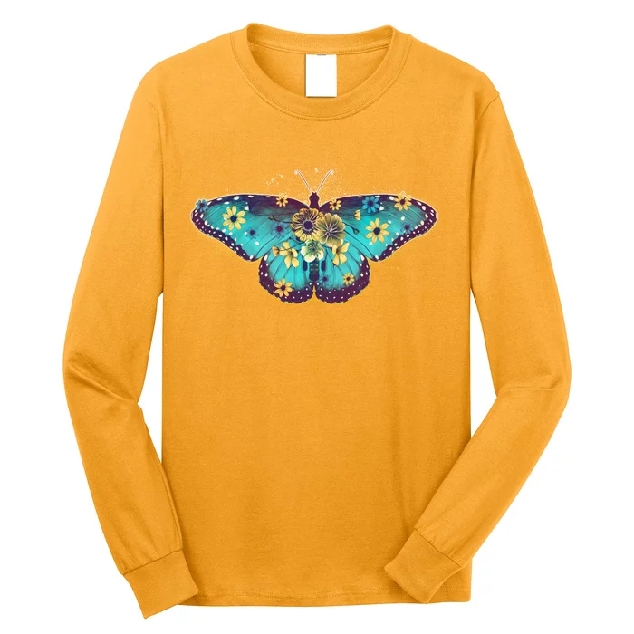 Vintage Summer Flower Floral Butterfly Long Sleeve Shirt