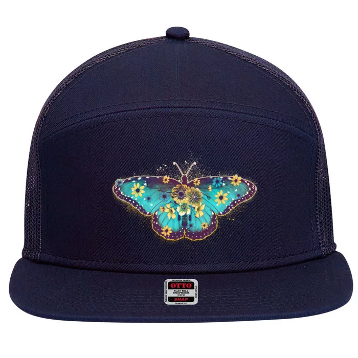 Vintage Summer Flower Floral Butterfly 7 Panel Mesh Trucker Snapback Hat