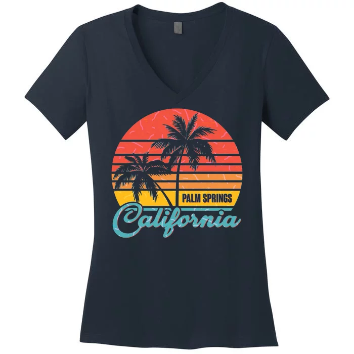 Vintage Sun Palm Trees Palm Springs California Women's V-Neck T-Shirt