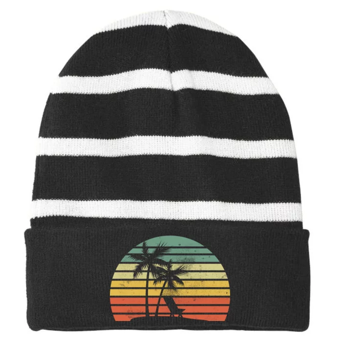 Vintage Sunset Beach Striped Beanie with Solid Band