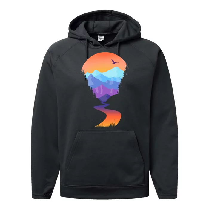 Vintage Sunset Mountain River Performance Fleece Hoodie